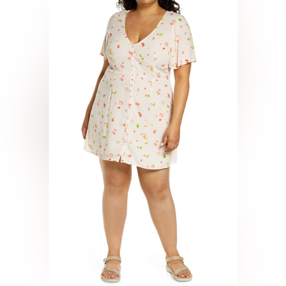BP Easy Floral Print Button Front Skater Minidress Pink Women's Plus Size Dress